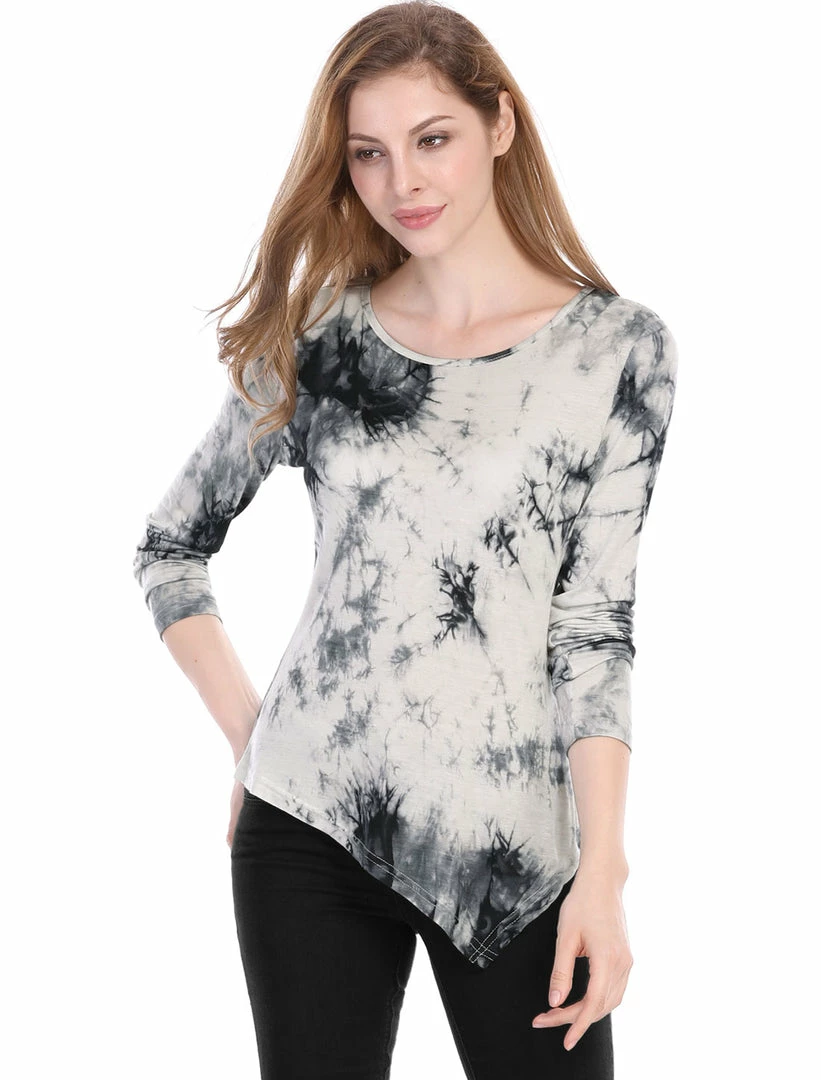 Allegra K Long Sleeves Round Neck Tie-Dye Handkerchief Hem Shirt Women 12 Allegra K Long Sleeves Round Neck Tie-Dye Handkerchief Hem Shirt Women
