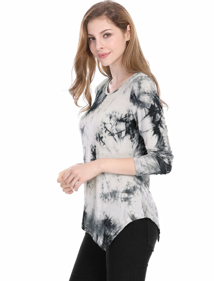 Allegra K Long Sleeves Round Neck Tie-Dye Handkerchief Hem Shirt Women 14 Allegra K Long Sleeves Round Neck Tie-Dye Handkerchief Hem Shirt Women