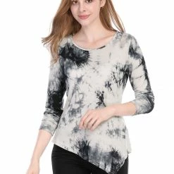 Allegra K Long Sleeves Round Neck Tie-Dye Handkerchief Hem Shirt Women 39 Allegra K Long Sleeves Round Neck Tie-Dye Handkerchief Hem Shirt Women