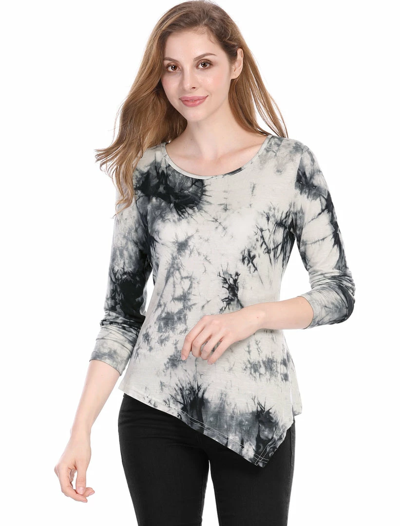 Allegra K Long Sleeves Round Neck Tie-Dye Handkerchief Hem Shirt Women 11 Allegra K Long Sleeves Round Neck Tie-Dye Handkerchief Hem Shirt Women