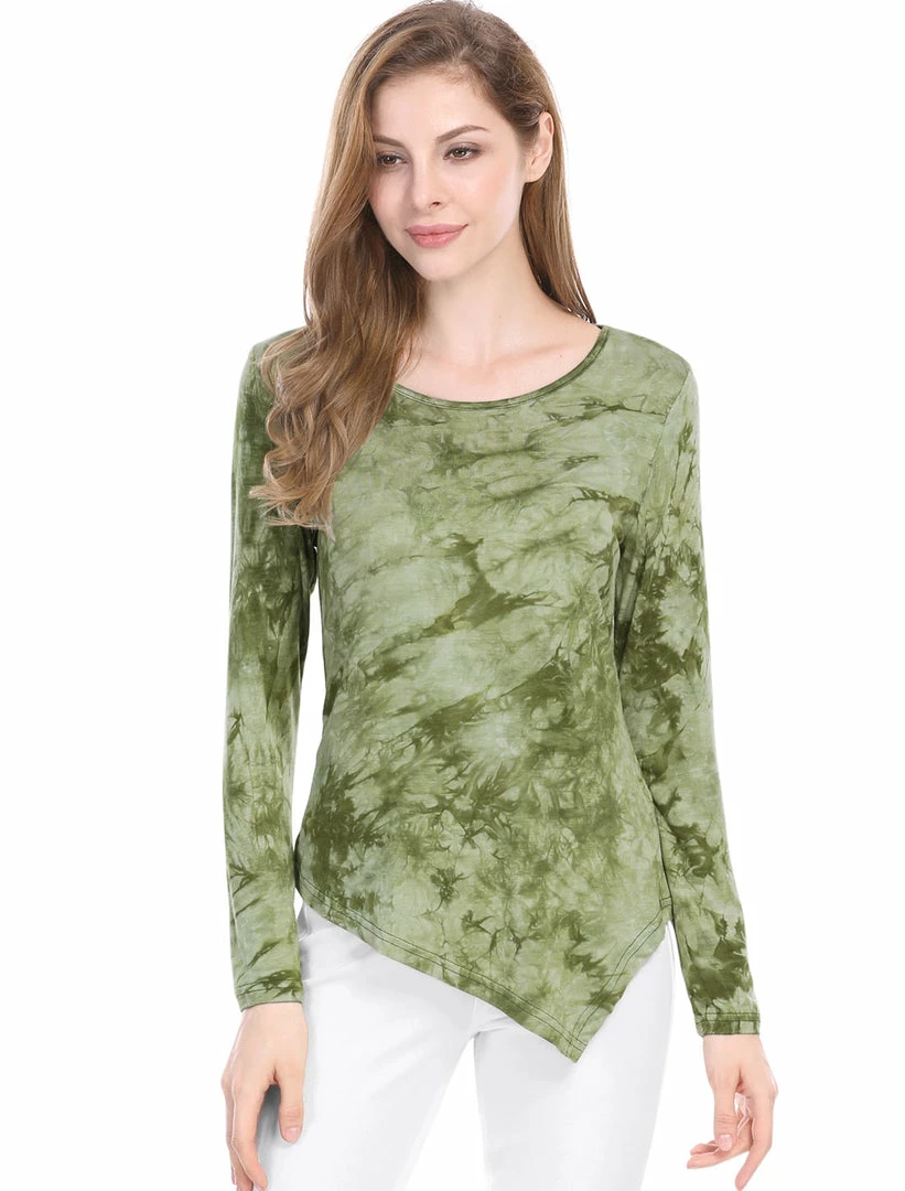 Allegra K Long Sleeves Round Neck Tie-Dye Handkerchief Hem Shirt Women 5 Allegra K Long Sleeves Round Neck Tie-Dye Handkerchief Hem Shirt Women