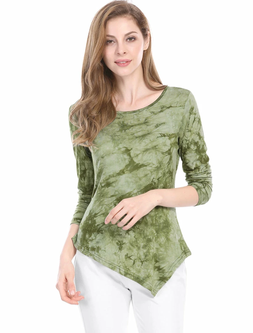Allegra K Long Sleeves Round Neck Tie-Dye Handkerchief Hem Shirt Women 6 Allegra K Long Sleeves Round Neck Tie-Dye Handkerchief Hem Shirt Women