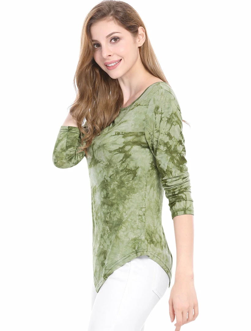Allegra K Long Sleeves Round Neck Tie-Dye Handkerchief Hem Shirt Women 7 Allegra K Long Sleeves Round Neck Tie-Dye Handkerchief Hem Shirt Women