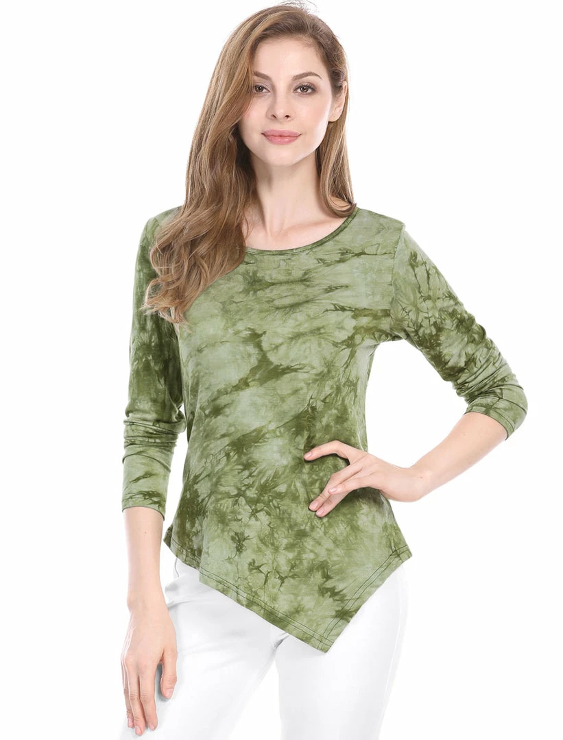 Allegra K Long Sleeves Round Neck Tie-Dye Handkerchief Hem Shirt Women 4 Allegra K Long Sleeves Round Neck Tie-Dye Handkerchief Hem Shirt Women
