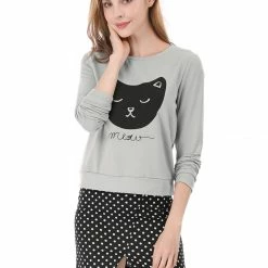 Women Allegra K Cat Prints Crew Neck Long Sleeves Top Shirt 38 Women Allegra K Cat Prints Crew Neck Long Sleeves Top Shirt