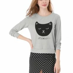 Women Allegra K Cat Prints Crew Neck Long Sleeves Top Shirt 39 Women Allegra K Cat Prints Crew Neck Long Sleeves Top Shirt