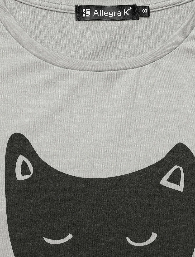 Women Allegra K Cat Prints Crew Neck Long Sleeves Top Shirt 23 Women Allegra K Cat Prints Crew Neck Long Sleeves Top Shirt