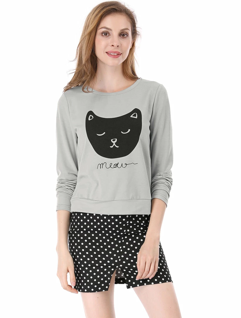 Women Allegra K Cat Prints Crew Neck Long Sleeves Top Shirt 17 Women Allegra K Cat Prints Crew Neck Long Sleeves Top Shirt