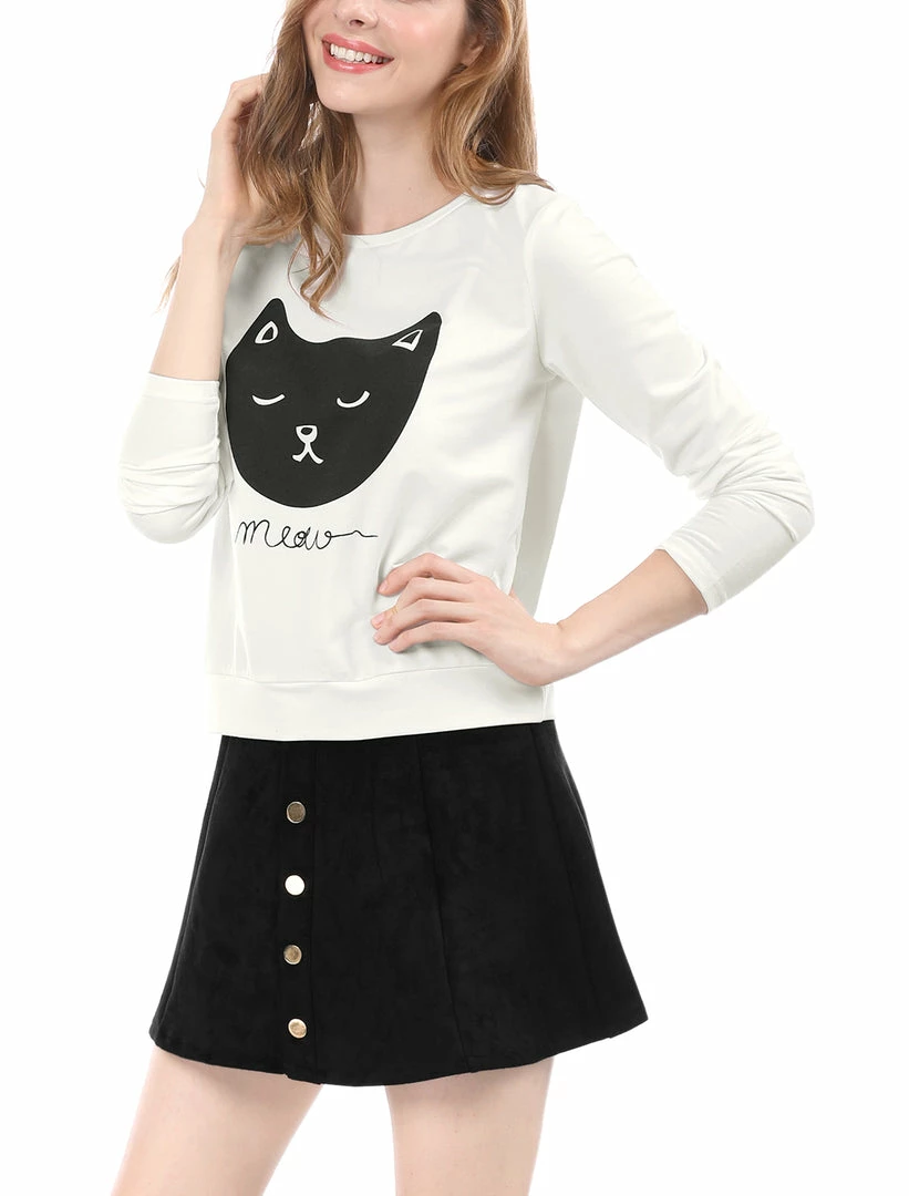 Women Allegra K Cat Prints Crew Neck Long Sleeves Top Shirt 11 Women Allegra K Cat Prints Crew Neck Long Sleeves Top Shirt