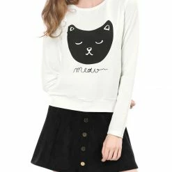 Women Allegra K Cat Prints Crew Neck Long Sleeves Top Shirt 32 Women Allegra K Cat Prints Crew Neck Long Sleeves Top Shirt