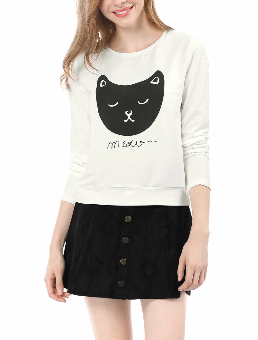 Women Allegra K Cat Prints Crew Neck Long Sleeves Top Shirt 13 Women Allegra K Cat Prints Crew Neck Long Sleeves Top Shirt