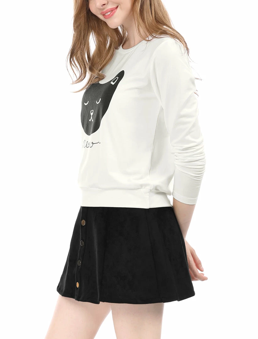 Women Allegra K Cat Prints Crew Neck Long Sleeves Top Shirt 14 Women Allegra K Cat Prints Crew Neck Long Sleeves Top Shirt