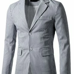 Allegra K HZ150510 Men Notched Lapel Single Breasted Slim Fit Stripes Blazer