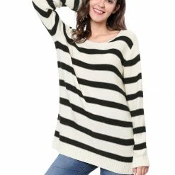 Allegra K Long Sleeves Drop Shoulder Loose Striped Sweater Women 43 Allegra K Long Sleeves Drop Shoulder Loose Striped Sweater Women