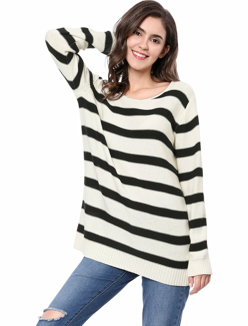Allegra K Long Sleeves Drop Shoulder Loose Striped Sweater Women 18 Allegra K Long Sleeves Drop Shoulder Loose Striped Sweater Women