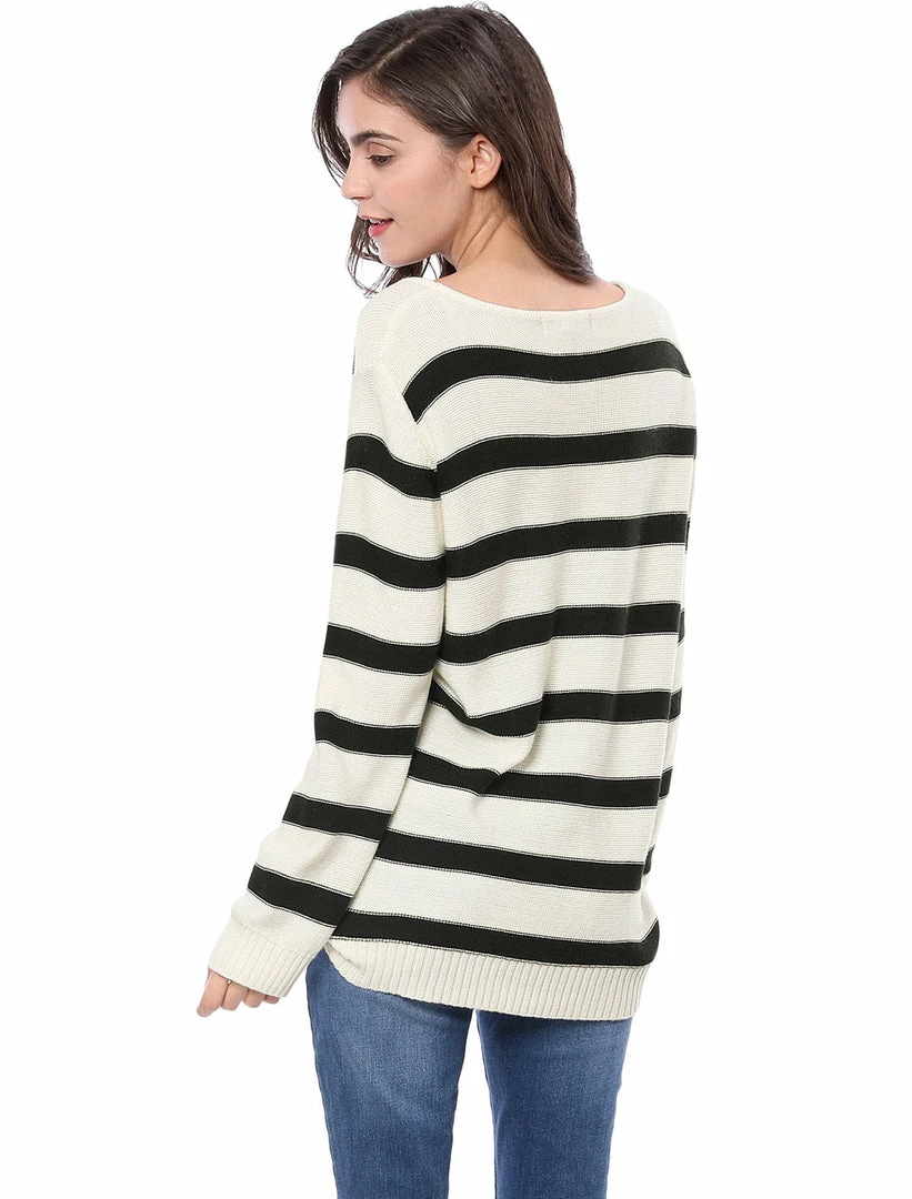 Allegra K Long Sleeves Drop Shoulder Loose Striped Sweater Women 20 Allegra K Long Sleeves Drop Shoulder Loose Striped Sweater Women