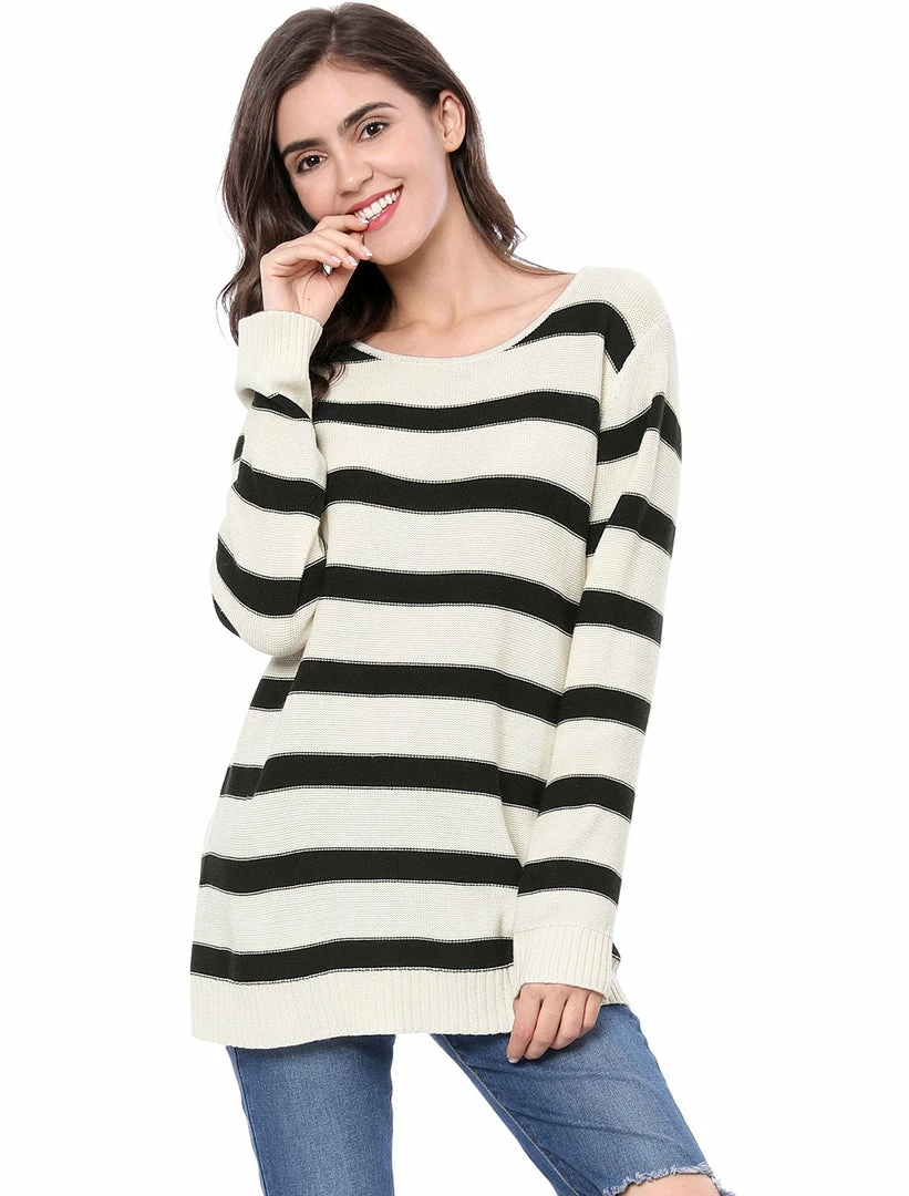 Allegra K Long Sleeves Drop Shoulder Loose Striped Sweater Women 16 Allegra K Long Sleeves Drop Shoulder Loose Striped Sweater Women
