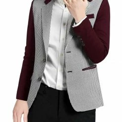 Allegra K Y83 Men Houndstooth Long Sleeve Padded Shoulder Single Breasted Blazer