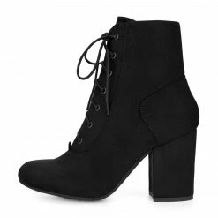 Allegra K Women's Round Toe Chunky High Heel Lace Up Booties Shoes