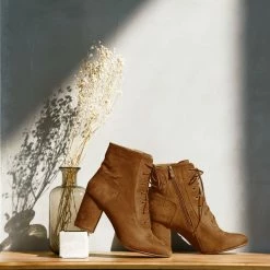 Allegra K Women's Round Toe Chunky High Heel Lace Up Booties Shoes