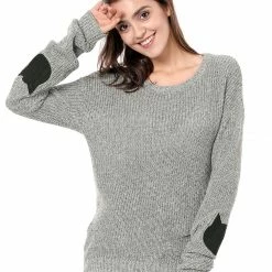Women Allegra K Drop Shoulder Elbow Cat Patch Loose Sweater