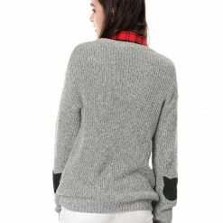 Women Allegra K Drop Shoulder Elbow Cat Patch Loose Sweater
