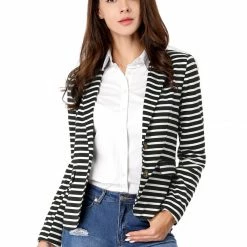 Women Allegra K Two Button Clouser Striped Blazer With Shaped Shawl Collar