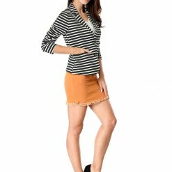 Women Allegra K Two Button Clouser Striped Blazer With Shaped Shawl Collar