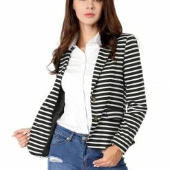 Women Allegra K Two Button Clouser Striped Blazer With Shaped Shawl Collar