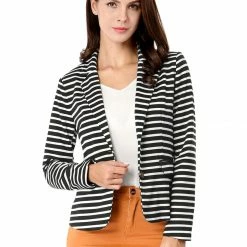 Women Allegra K Two Button Clouser Striped Blazer With Shaped Shawl Collar