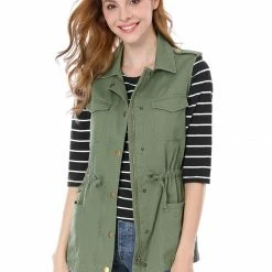 Allegra K Women Functional Pockets Drawstring Waist Cargo Vest