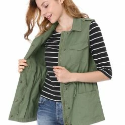 Allegra K Women Functional Pockets Drawstring Waist Cargo Vest