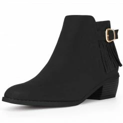 Allegra K Women's Buckle Tassel Low Chunky Heel Ankle Booties