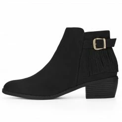 Allegra K Women's Buckle Tassel Low Chunky Heel Ankle Booties