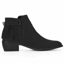 Allegra K Women's Buckle Tassel Low Chunky Heel Ankle Booties