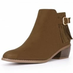 Allegra K Women's Buckle Tassel Low Chunky Heel Ankle Booties