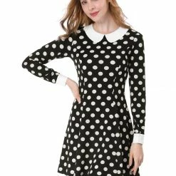 Allegra K Women Polka Dot Contrast Collar Above Knee A Line Dress