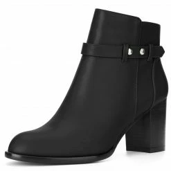 Allegra K Women's Round Toe Strap Block High Heel Ankle Bootie Shoes