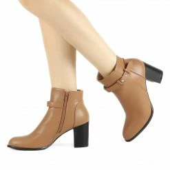 Allegra K Women's Round Toe Strap Block High Heel Ankle Bootie Shoes