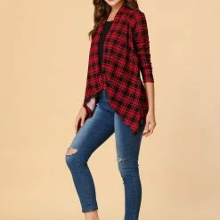 Allegra K Women Handkerchief Hem Open Front Plaids Cardigan