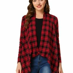 Allegra K Women Handkerchief Hem Open Front Plaids Cardigan