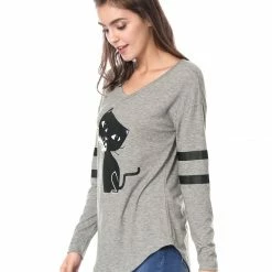 Allegra K V Neck Drop Shoulder Striped Cat Print Tunic Top Women