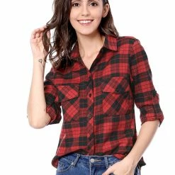 Allegra K Check Roll Up Sleeves Shirt With Flap Pockets