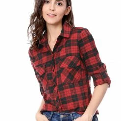 Allegra K Check Roll Up Sleeves Shirt With Flap Pockets