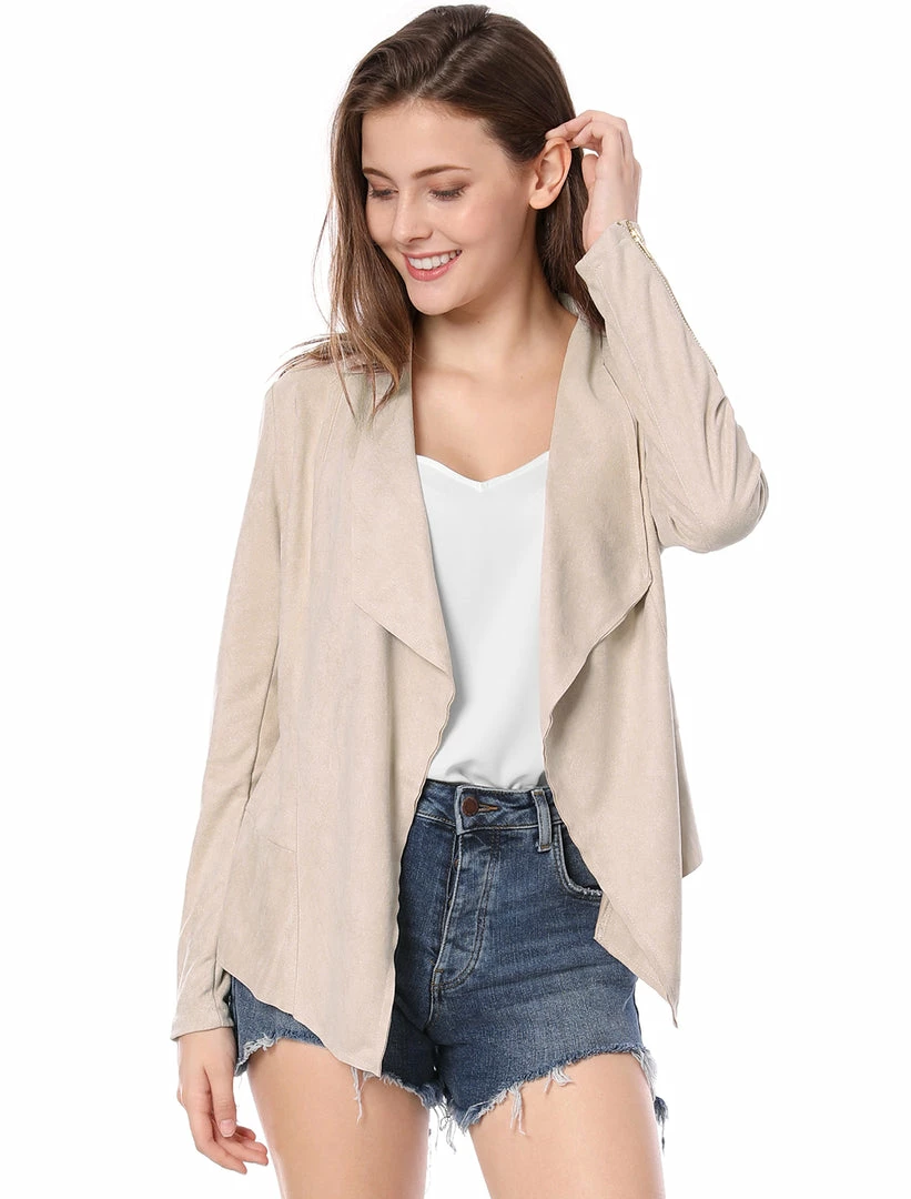 Allegra K Women's Moto Faux Suede Jacket Lightweight Open Front Lapel Draped Outwear Cardigan Clothing 45 Allegra K Women's Moto Faux Suede Jacket Lightweight Open Front Lapel Draped Outwear Cardigan Clothing