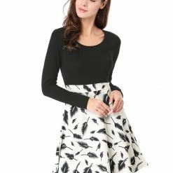 Allegra K Women Feather Prints Color Block Long Sleeve A-line Dress