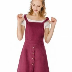 Allegra K Women's Corduroy Button Decor A Line Suspender Overall Skirt Dress