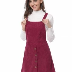 Allegra K Women's Corduroy Button Decor A Line Suspender Overall Skirt Dress