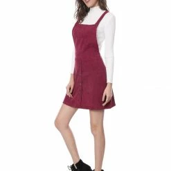Allegra K Women's Corduroy Button Decor A Line Suspender Overall Skirt Dress