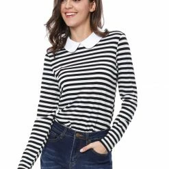 Allegra K Women's Long Sleeve Peter Pan Striped Top Clothing